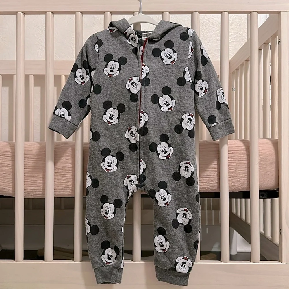 Disney Gray Mickey Mouse Hooded One-Piece Bodysuit
